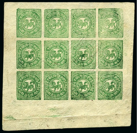 Stamp of Tibet » 1912 Issue - Stamps 1/6 tr. Green, complete unused block of 12, slight