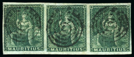 1856 Surcharged 4d green, exceptional strip of thr