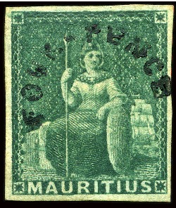 Stamp of Mauritius » 1858-62 Britannia Issues (SG 26-35) 1856 Britannia surcharged 4d green, fine mint with