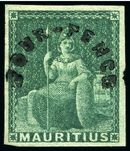 Stamp of Mauritius » 1858-62 Britannia Issues (SG 26-35) 1856 Britannia surcharged 4d green, very fresh unu