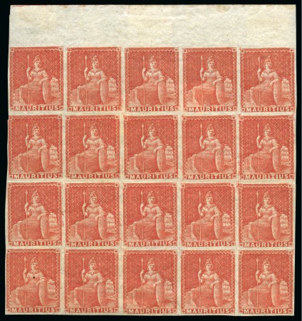 Stamp of Mauritius » 1858-62 Britannia Issues (SG 26-35) 1858-62 6d vermilion, exceptional block of twenty 