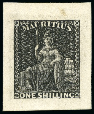Stamp of Mauritius » 1858-62 Britannia Issues (SG 26-35) 1s Die Proof (1868 reprint) in black on India on c