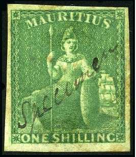 Stamp of Mauritius » 1858-62 Britannia Issues (SG 26-35) 1859-61 1s yellow-green imperforate, with manuscri