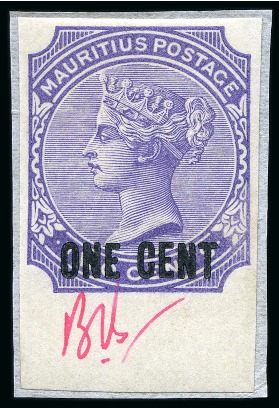 Stamp of Mauritius » Later Issues 1893 Surcharged by De La Rue ONE CENT on 2c pale v