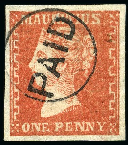 Stamp of Mauritius » 1859 Dardenne Issue (SG 41-44) 1859 Dardenne 1d deep red, with four even margins 