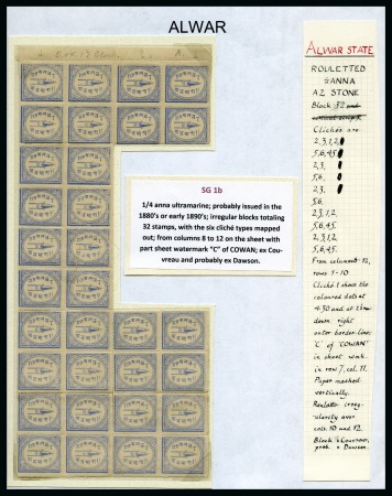 Stamp of Indian States » Alwar 1877 1a ultramarine, unused irregular block of 32;