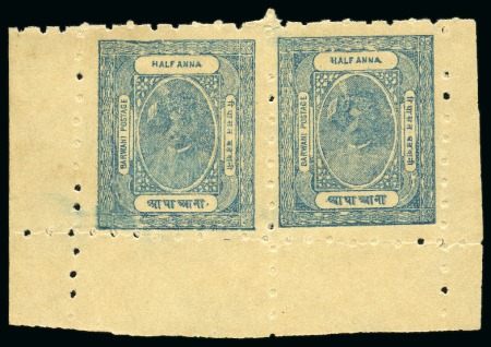 Stamp of Indian States » Barwani 1917-21 1/2a dull blue, unused, bottom booklet pan