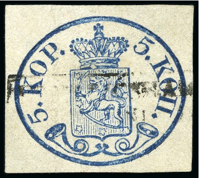 Stamp of Finland » 1856-58 5 Kopek Small Pearls 5k Dark Blue, good to large margins, used with low