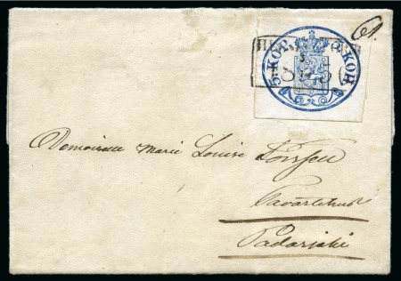 Stamp of Finland » 1856-58 5 Kopek Small Pearls 5k Dark Blue, large margins all around, tied by HE