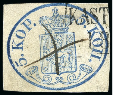 Stamp of Finland » 1856-58 5 Kopek Large Pearls 5k Blue, just touched at top to close margins, use