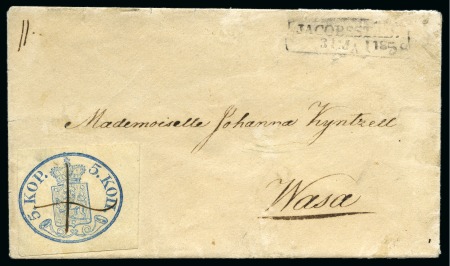 Stamp of Finland » 1856-58 5 Kopek Small Pearls 5k Light Blue, close to good margins, cancelled by