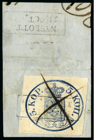 Stamp of Finland » 1856-58 5 Kopek Large Pearls 5k Dark Blue, tied by pen cross and low-boxed NYSL