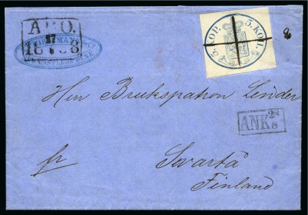 Stamp of Finland » 1856-58 5 Kopek Large Pearls 5k Blue, clear to large margins, precancelled and 