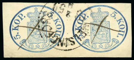 Stamp of Finland » 1856-58 5 Kopek Large Pearls 5k Blue, pair with good to large margins, neatly c