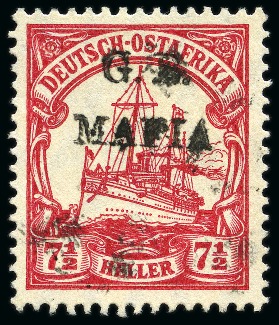 Stamp of Tanganyika » Mafia Island British Occupation » 1915 (Jan) "G. R. / MAFIA" Type 1 Overprint in Black 1915 (Jan) 7 1/2h carmine, overprinted in black, u