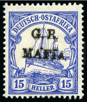Stamp of Tanganyika » Mafia Island British Occupation » 1915 (Jan) "G. R. / MAFIA" Type 1 Overprint in Black 1915 (Jan) 15h ultramarine, overprinted in black, 