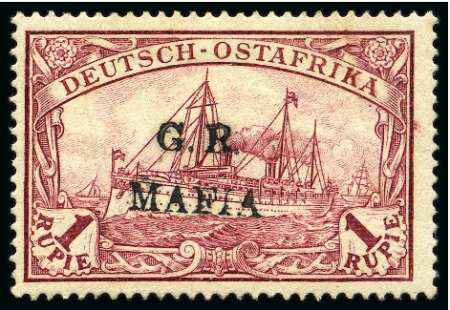 Stamp of Tanganyika » Mafia Island British Occupation » 1915 (Jan) "G. R. / MAFIA" Type 1 Overprint in Black 1915 (Jan) 1r carmine, overprinted in black, mint 