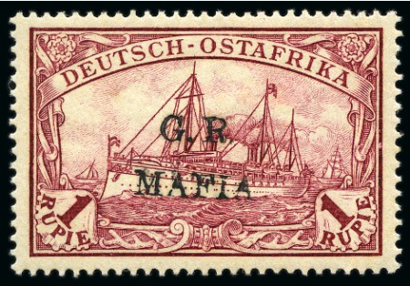 Stamp of Tanganyika » Mafia Island British Occupation » 1915 (Jan) "G. R. / MAFIA" Type 1 Overprint in Black 1915 (Jan) 1r carmine, overprinted in black, mint 