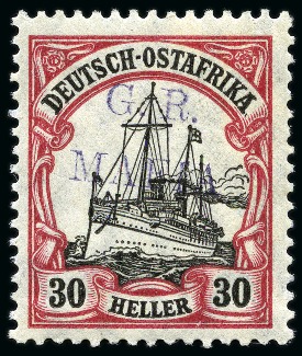 Stamp of Tanganyika » Mafia Island British Occupation » 1915 (Jan) "G. R. / MAFIA" Type 1 Overprint in Deep Purple 1915 (Jan) 30h black and carmine, overprinted in d