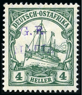 Stamp of Tanganyika » Mafia Island British Occupation » 1915 (Jan) "G. R. / MAFIA" Type 1 Overprint in Reddish Violet 1915 (Jan) 4h green, overprinted in reddish violet