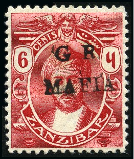 Stamp of Tanganyika » Mafia Island British Occupation » 1915 (Jan) "G. R. / MAFIA" Type 1 Overprint in Black 1915 Type M1 black overprint on Zanzibar 6c rose-c
