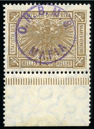 Stamp of Tanganyika » Mafia Island British Occupation » 1915 (Sep) "OHBMS Mafia" in Circle on GEA Fiscals 1915 (Sept) 12 1/2h drab with violet overprint,, m