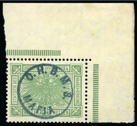 Stamp of Tanganyika » Mafia Island British Occupation » 1915 (Sep) "OHBMS Mafia" in Circle on GEA Fiscals 1915 (Sept) 25h dull green with bluish green overp