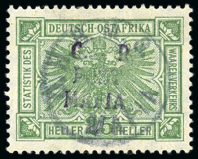 Stamp of Tanganyika » Mafia Island British Occupation » 1915 (Sep) "OHBMS Mafia" in Circle and "G. R / POST / MAFIA" Overprint on GEA Fiscals 1915 (Sept) 25h green with bluish green overprint 