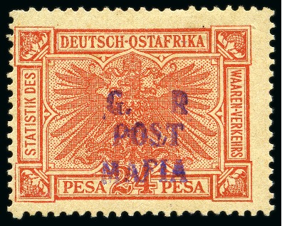 Stamp of Tanganyika » Mafia Island British Occupation » 1915 (Sep) "G. R / POST / MAFIA" Type 4 Overprint Only on GEA 1915 (Sept) 24 pesa vermillon with only type M4 (G