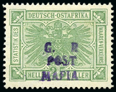 Stamp of Tanganyika » Mafia Island British Occupation » 1915 (Sep) "G. R / POST / MAFIA" Type 4 Overprint Only on GEA 1915 (Sept) 25h dull green with only type M4 (G.R.