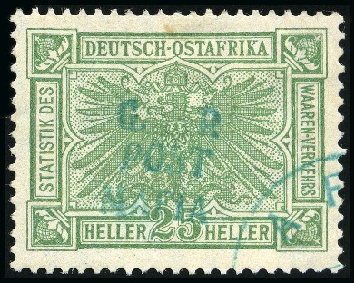 Stamp of Tanganyika » Mafia Island British Occupation » 1915 (Sep) "G. R / POST / MAFIA" Type 4 Overprint Only on GEA 1915 (Sept) 25h dull green with only type M4 (G.R.