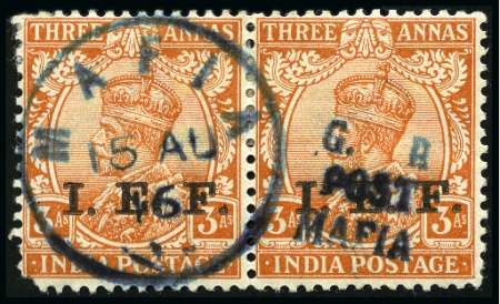 1915 (Nov) 3a orange in pair (dull blue overprint)