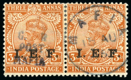 Stamp of Tanganyika » Mafia Island British Occupation » 1915 (Nov) "G. R / POST / MAFIA" Type 4 Overprint on India I.E.F. Issues 1915 (Nov) 3a orange in pair (dull blue overprint)