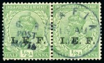 1915 (Nov) 1/2a green in pair (dull blue overprint