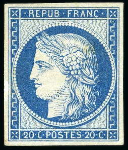 Stamp of France 1849 Cérès 20c bleu non émis, deux petits amincis,