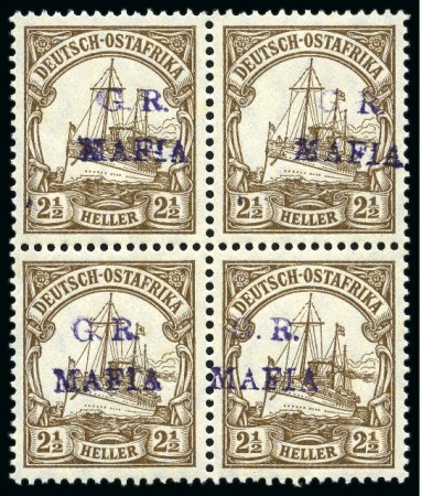 Stamp of Tanganyika » Mafia Island British Occupation » 1915 (Jan) "G. R. / MAFIA" Type 1 Overprint in Reddish Violet 1915 (Jan) 2 1/2h brown, mint block of four, very 