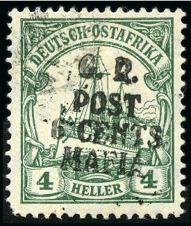 Stamp of Tanganyika » Mafia Island British Occupation » 1915 (May) "G.R. - POST - 6 CENTS - MAFIA" Type 2 Overprints 1915 (May) 6c on 4h green, overprinted in black, m