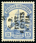 Stamp of Tanganyika » Mafia Island British Occupation » 1915 (May) "G.R. - POST - 6 CENTS - MAFIA" Type 2 Overprints 1915 (May) 6c on 15h ultramarine, overprinted in b