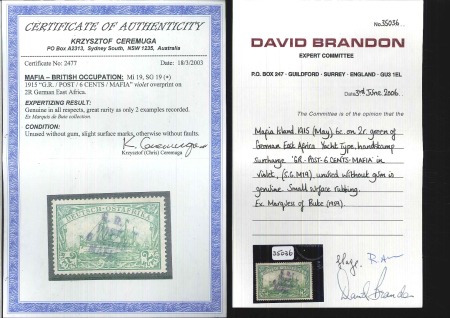 Stamp of Tanganyika » Mafia Island British Occupation » 1915 (May) "G.R. - POST - 6 CENTS - MAFIA" Type 2 Overprints 1915 (May) 6c on 2r green, overprinted in violet, 