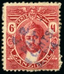 1913 Zanzibar 6c on 6c carmine, overprinted in vio
