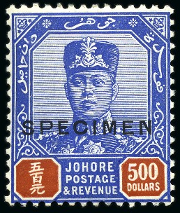 Stamp of Malaysia » Malaysian States » Johor 1922-41 $500 Blue & Red with SPECIMEN ovpt, mint h