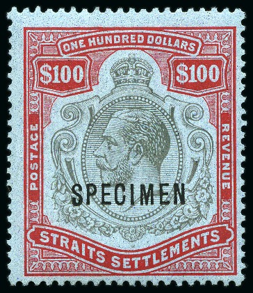 Stamp of Malaysia » Straits Settlements 1921-33 $100 Black & Carmine on Blue with SPECIMEN