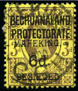 Stamp of South Africa » Mafeking 1900 6d Serif ovpt on GB 3d purple on yellow, posi