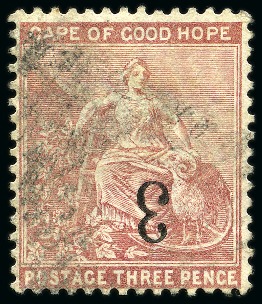 Stamp of South Africa » Cape of Good Hope 1880 "3" on 3d Pale Dull Rose with inverted surcha
