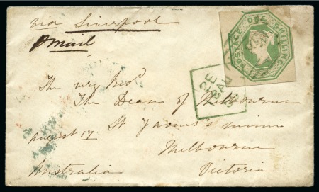 Stamp of Great Britain » 1847-54 Embossed 1855 (Aug 18) Envelope from Ireland to Australia w