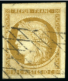 Stamp of France 1849 10c bistre-jaune, belles marges avec deux voi