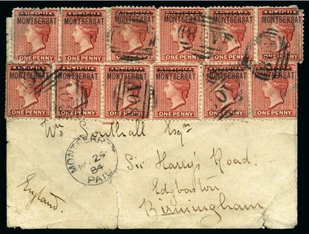 Stamp of Montserrat 1884 (Nov 26) Envelope to the UK with TWELVE 1883 1d cancelled by "A08" numerals