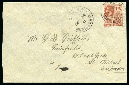 Stamp of Montserrat 1931 (Sep 24) Envelope to Barbados with 1922-29 1 