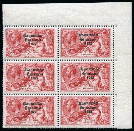 Stamp of Ireland » 1925 Narrow Date Overprints (T66-T68) 1925 Narrow Date 5s Rose-Red mint nh block of six 