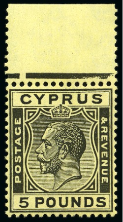 Stamp of Cyprus 1924-28 £5 Black on yellow mint og top marginal, v